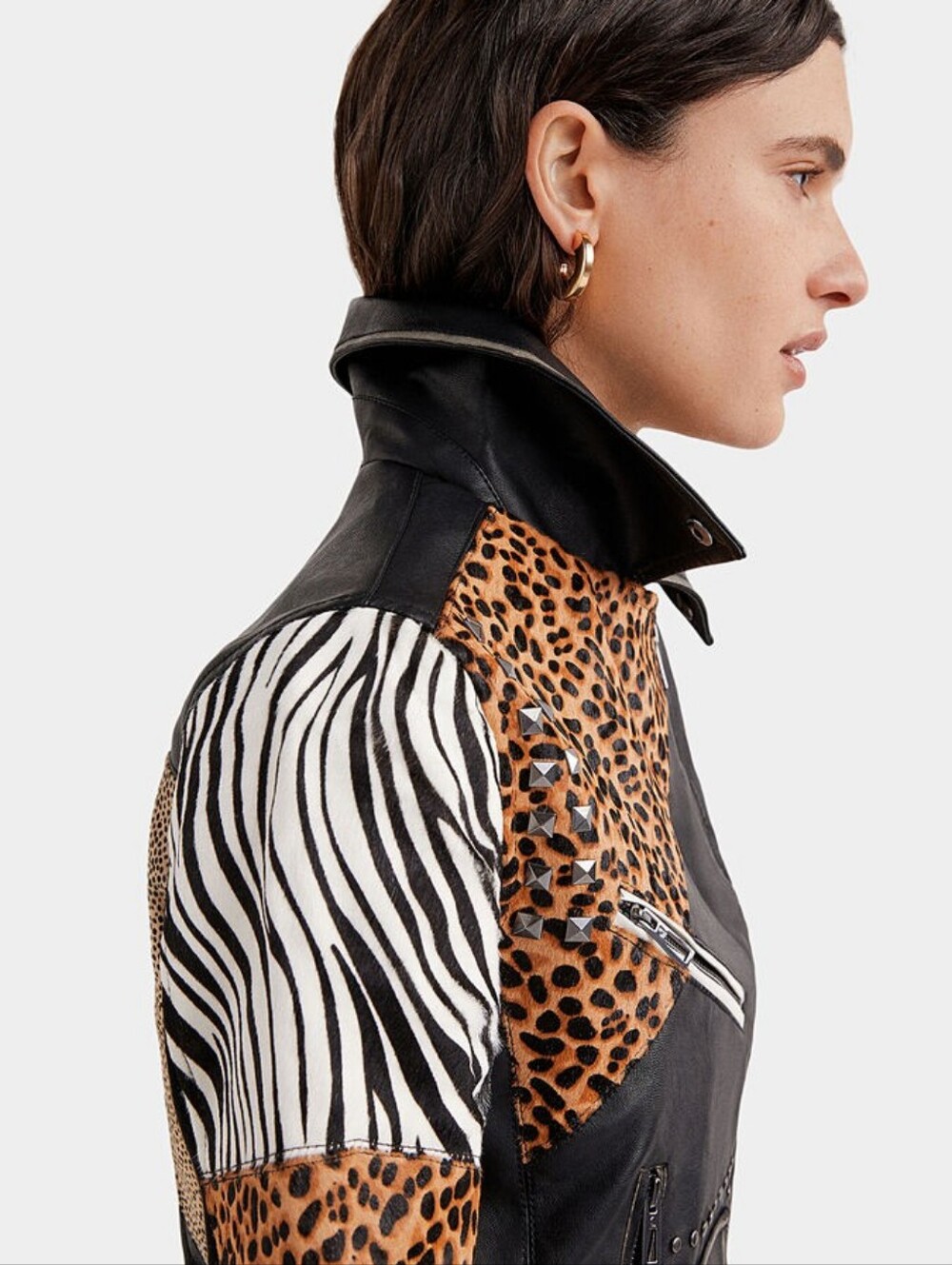 Desigual Black Leather Moto Jacket with Mixed Animal Prints